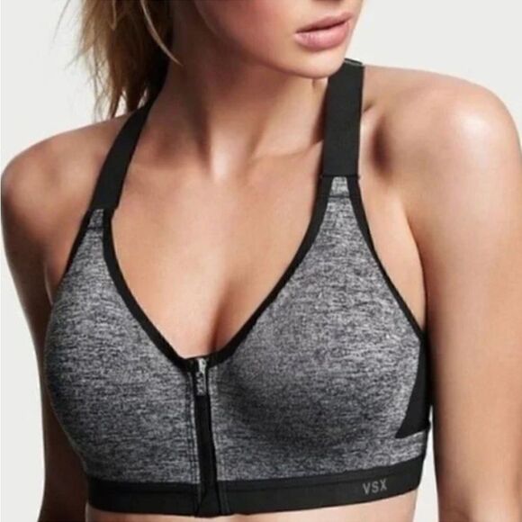 Victoria's Secret Incredible Sports Bra 38DDD Front Close Zipper‎ Black& Gray - Picture 1 of 9